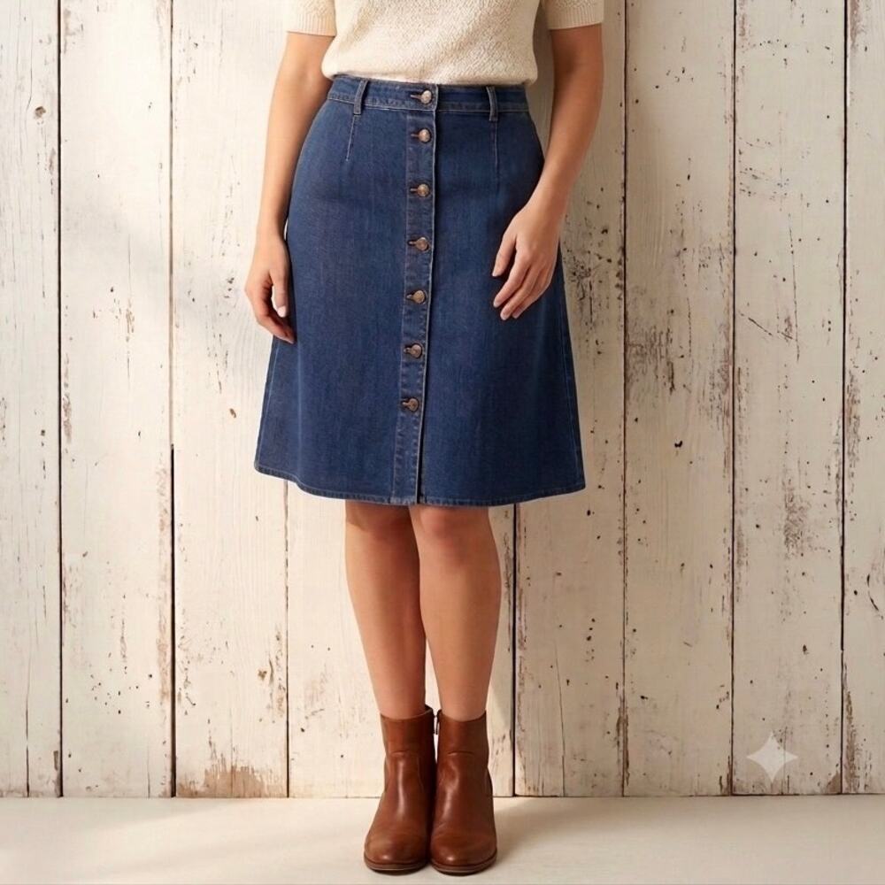 Vintage Donnkenny Button Front Denim Midi Skirt A-Line High Waist 70s 80s